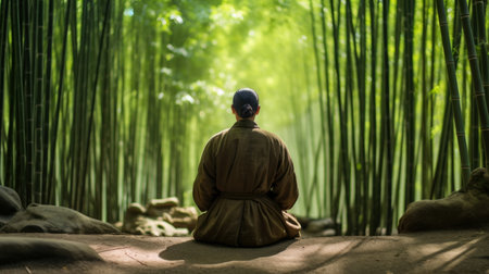 Serene mindfulness amidst bamboo forestの素材