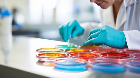 Scientist observing specimen in petri dish.の素材