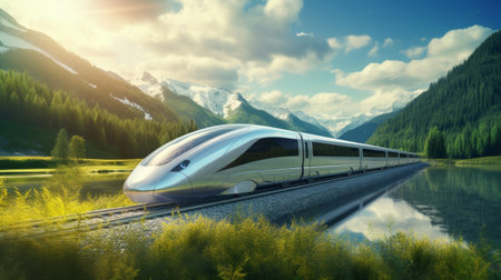 Advanced maglev train speeding through futuristic sceneryの素材