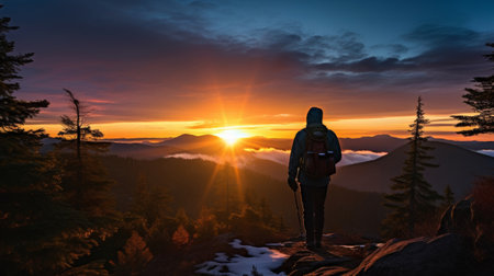 Vibrant sunrise scene with hiker silhouetteの素材