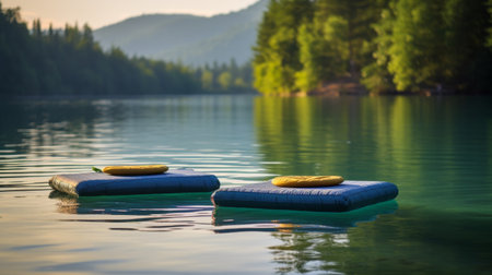 Serene lake with floating yoga matsの素材