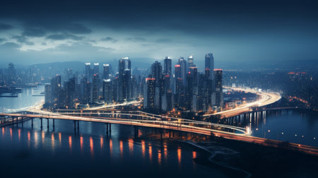 Cityscape illuminated by colorful light bridges at nightの素材