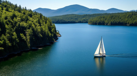 Tranquil lake with sailboat.の素材