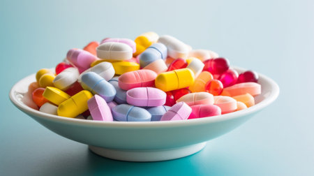 Diverse mix of vibrant medical tablets.の素材