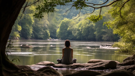 Peaceful meditation beside calm riverの素材