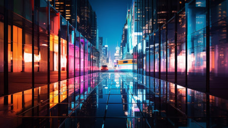 Glass and steel towers reflecting vibrant neonの素材