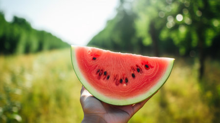 Watermelon slice held by a handの素材