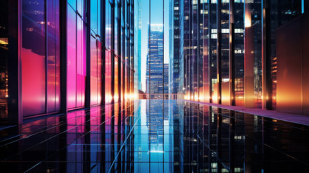 Urban skyline with neon lights mirrored on skyscrapersの素材