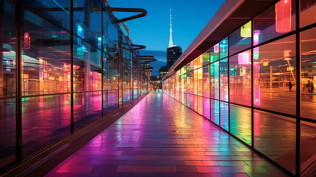Futuristic city view with rainbow colored pedestrian bridgesの素材
