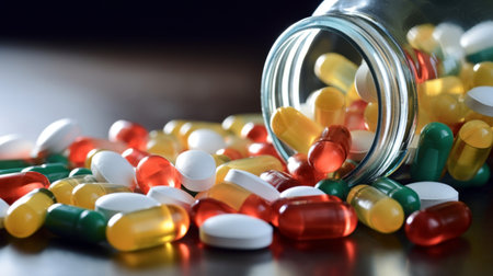 Pill bottle with scattered tablets.の素材