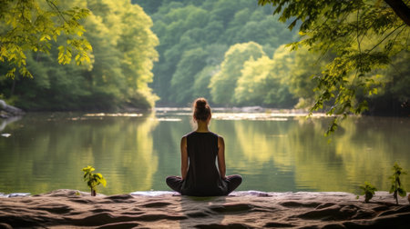 Serene meditation by tranquil riversideの素材