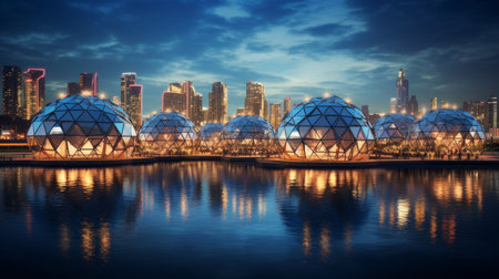 Futuristic cityscape with glowing domes at nightの素材