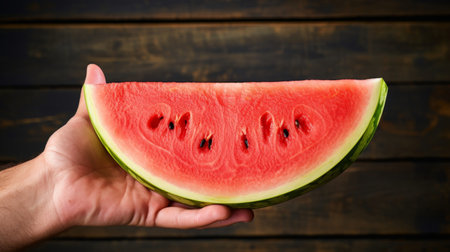 Hand holding a juicy watermelon sliceの素材
