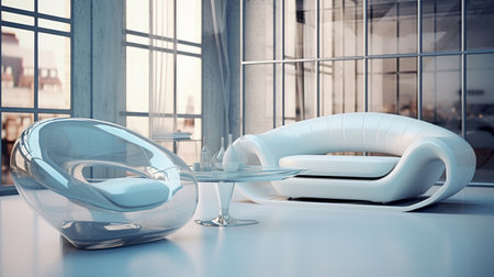 Minimalist room with futuristic, transparent furniture.の素材