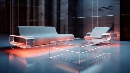 Transparent futuristic furnishings in sleek space.の素材