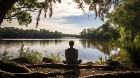 Tranquil riverside setting for meditationの素材