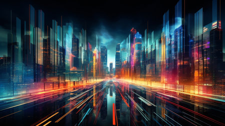 Dynamic urban landscape with colorful energy patternsの素材