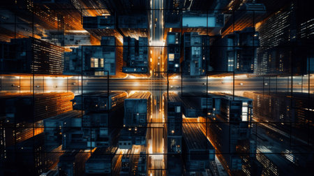 A stunning night view of a city with glowing streets and skyscrapersの素材