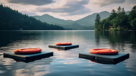 Yoga mats drifting on peaceful watersの素材