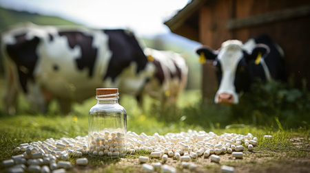 Livestock medication bottle with blue cap and white label on wooden tableの素材