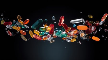 Pills frozen in motion against neutral backgroundの素材