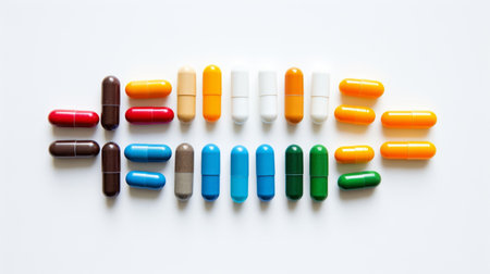 Array of colorful medication tablets.の素材