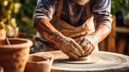Potter crafting with clay on rotating pottery wheel.の素材