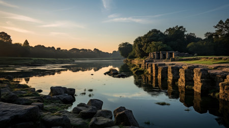 Ancient ruins and calm river in historic siteの素材