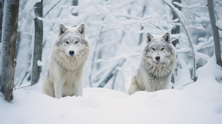 Wild and majestic wolves in winter woodsの素材