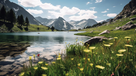 Alpine lake in the wild with flowers and skyの素材