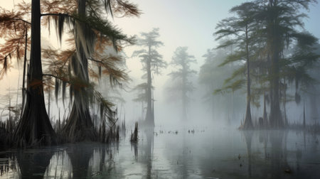 A cypress swamp with a foggy and mysterious atmosphereの素材