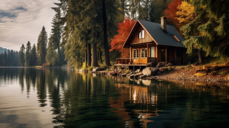 A serene and relaxing cabin near the lake with a porch and a rocking chairの素材