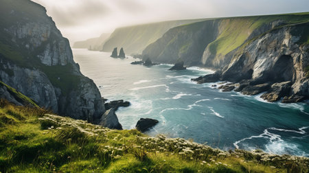 Secluded coastal cove amid towering cliffs.の素材