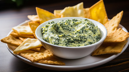 Plate of creamy cheesy spinach artichoke dipの素材