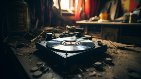Record player closeup dusty abandoned houseの素材
