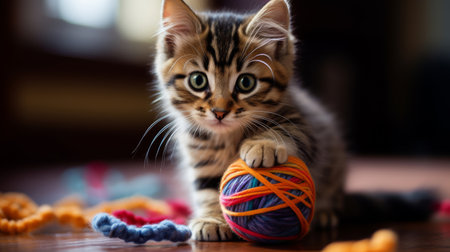 Furry friend entertained by yarn ballの素材