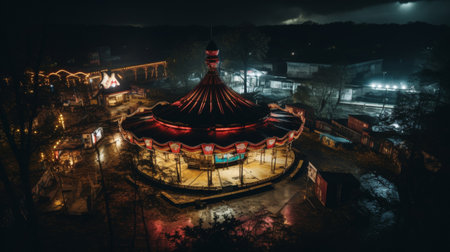 Drone shot eerie deserted theme park nightの素材