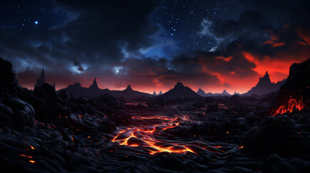 Composite image of lava flow under starry nightの素材