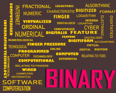 Binary word displayed with multiple related words cloud on vector abstract text illustration.のイラスト素材