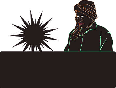 A farmer cartoon black clip art displayed with corona virus infection on illustration background.のイラスト素材