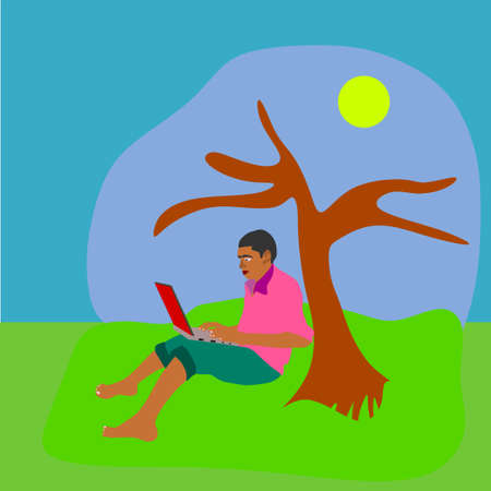 An indian village poor man cartoon operating laptop on natural field at beautiful background.のイラスト素材