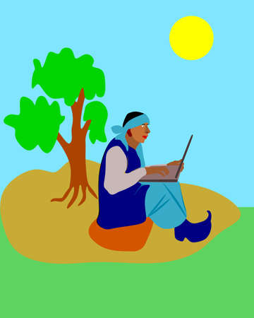An indian village old poor farmer man cartoon operating laptop on natural field at beautiful background.のイラスト素材