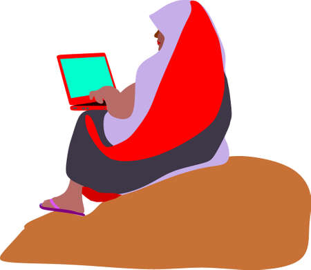 An indian village poor farmer woman cartoon operating laptop technology wearing traditional sari.のイラスト素材