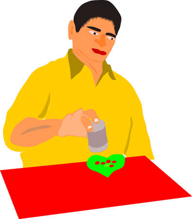 An indian man cartoon making traditional pan on red surface wearing yellow shirt at isolate posture.のイラスト素材