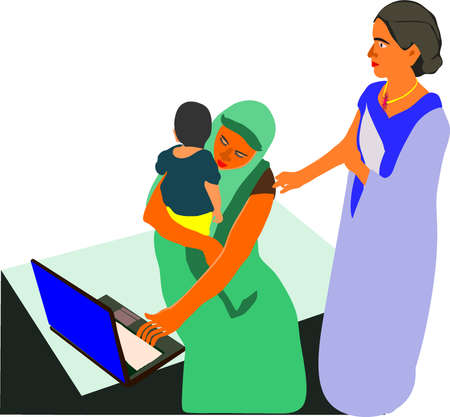 An indian village cartoon lady learning computer technology with holding his little baby kid on lap at isolated educational background.のイラスト素材