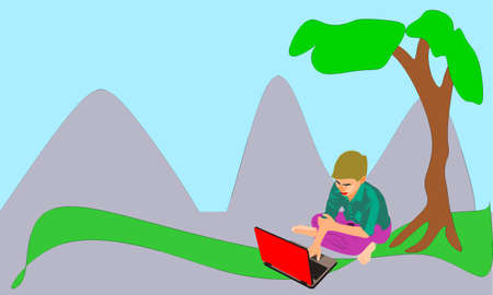 An indian poor village school male kid cartoon learning about computer technology isolated colorful natural sky and tree background.のイラスト素材