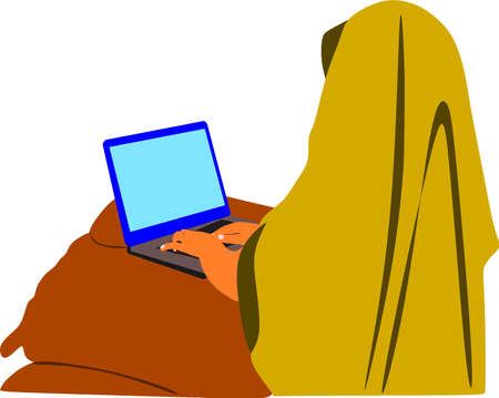 An indian poor village farmer woman cartoon illustration working on computer isolated colorful background wearing yellow sari..のイラスト素材