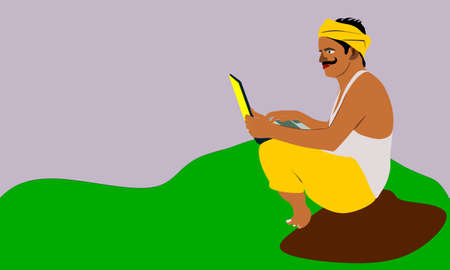 An indian poor village farmer cartoon illustration working on computer isolated colorful natural agriculture background.のイラスト素材