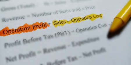 Sales minus operating cost business formula presented on book text highlighted pattern on...