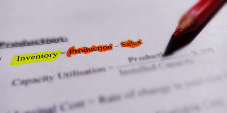 Production minus sales business mathematical terminology presented on book text highlighted pattern...